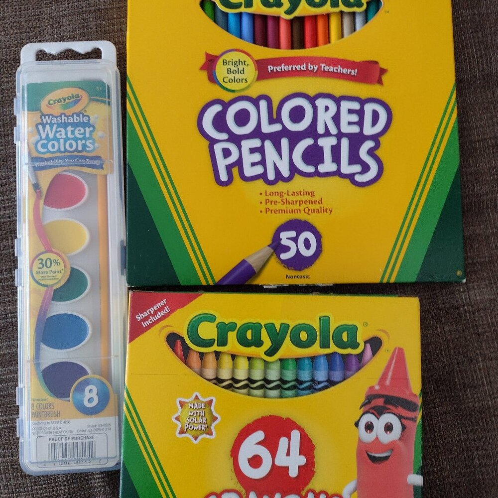 New lot of Crayola 50 Colored Pencils, 64 Crayons and 8 Watercolors